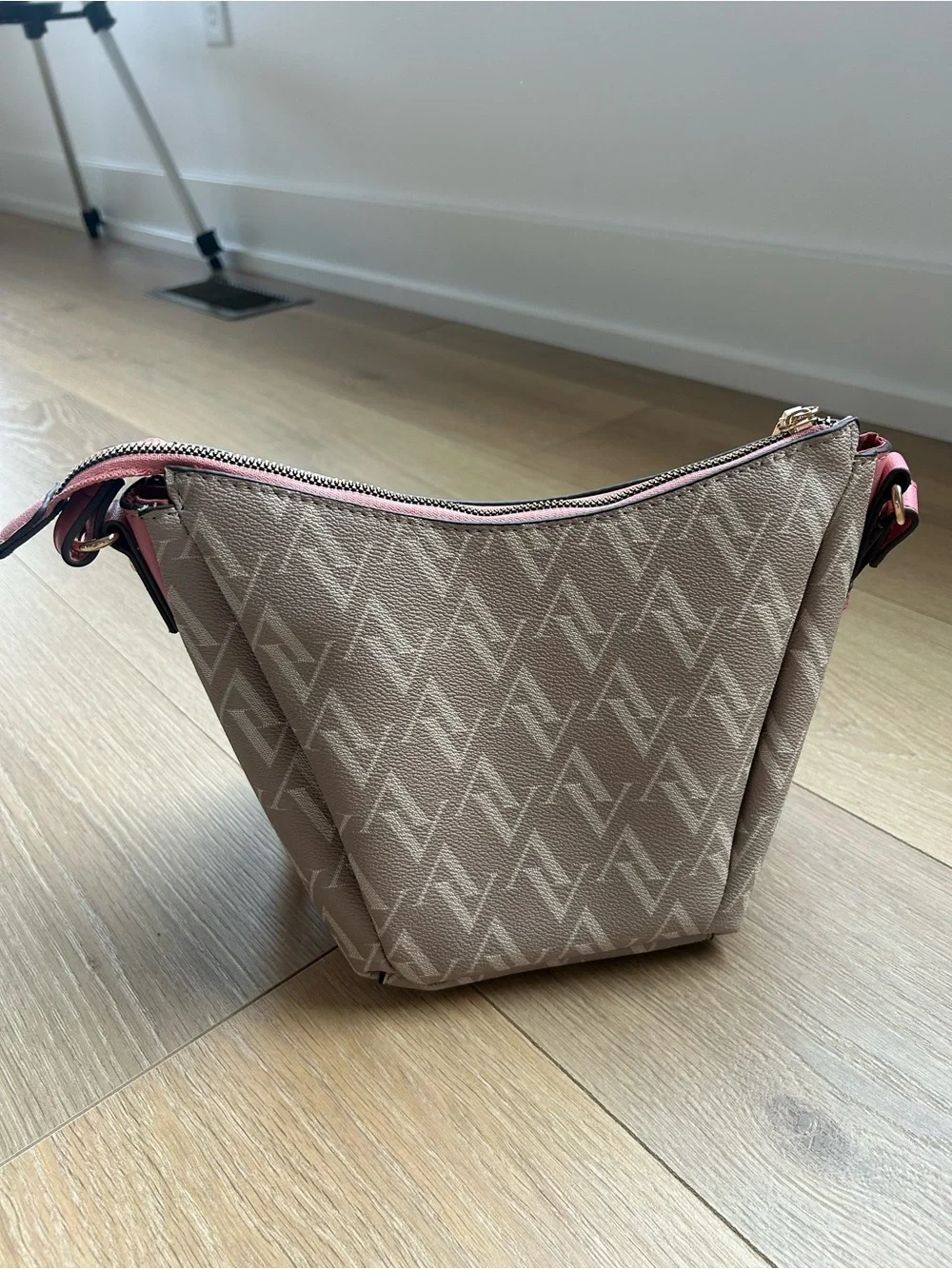 Adrienne Vittadini Monogram Crossbody Bag Pink Trim